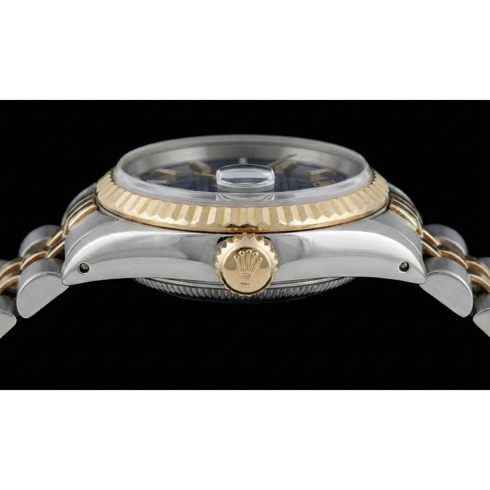 Regarder à cadran bâton bleu Rolex acier inoxydable et lunette cannelée en or Jubilé Brace