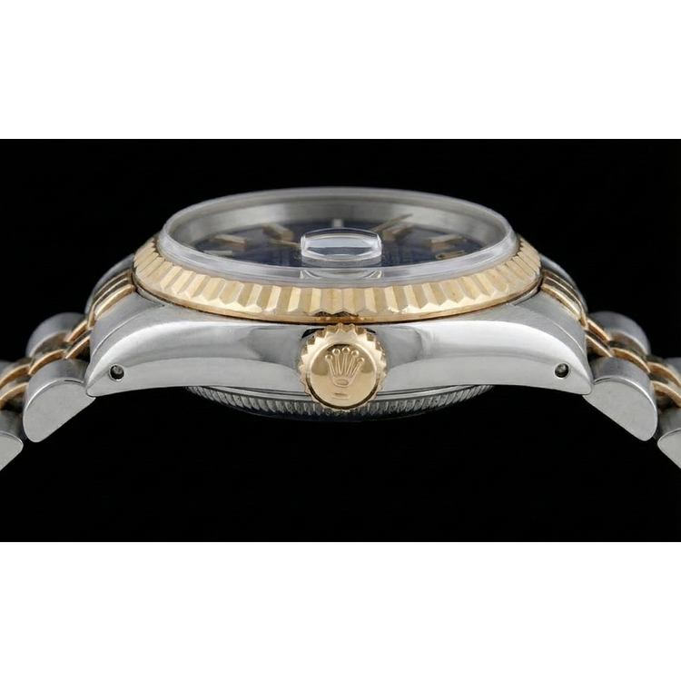 Regarder à cadran bâton bleu Rolex acier inoxydable et lunette cannelée en or Jubilé Brace