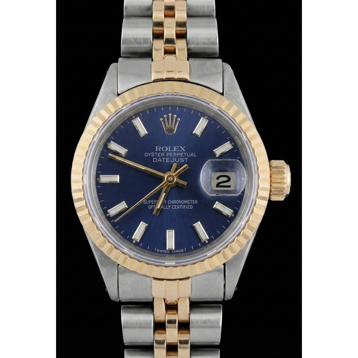 Regarder à cadran bâton bleu Rolex acier inoxydable et lunette cannelée en or Jubilé Brace