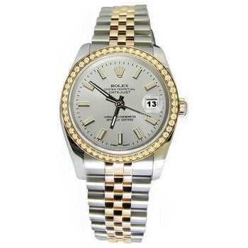 Regarder à cadran blanc et lunette en diamant en or et acier inoxydable Rolex