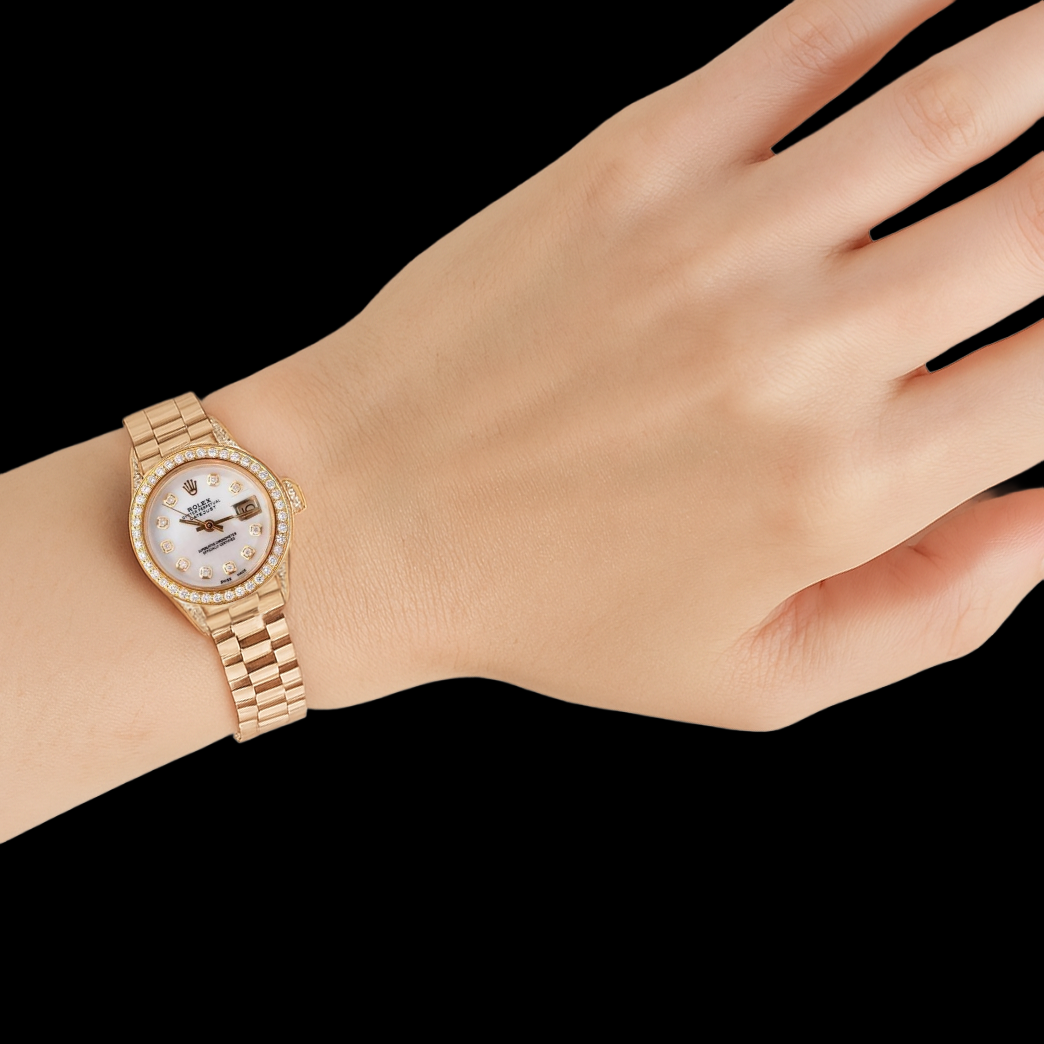 Regarder de style président Rolex pour femme, cadran en or jaune et diamants