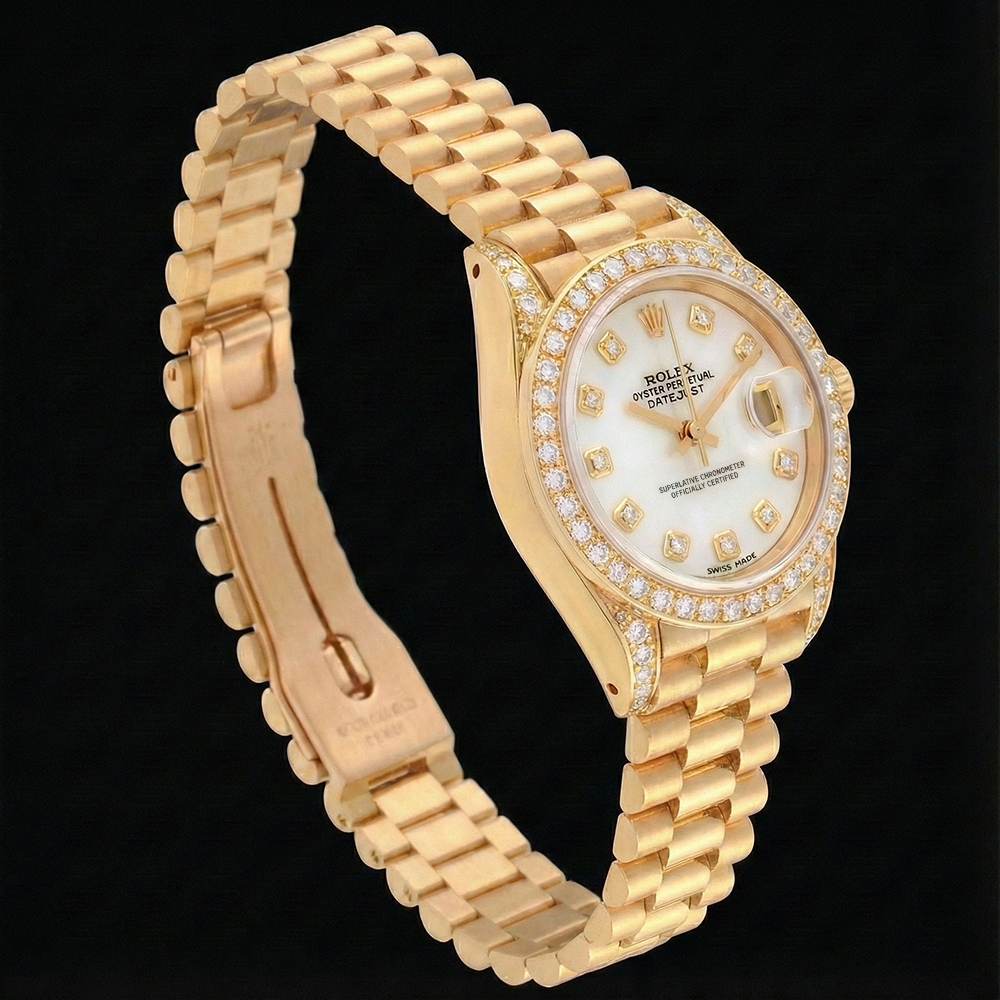Regarder de style président Rolex pour femme, cadran en or jaune et diamants