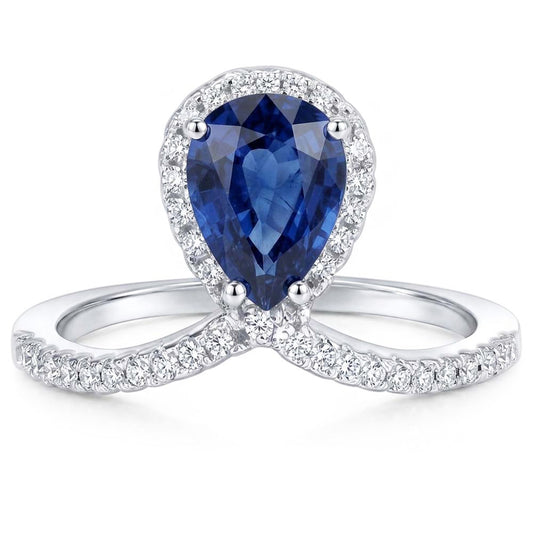 Rehausseur de bague diamant poire Halo Saphir bleu naturel 3.50 carats