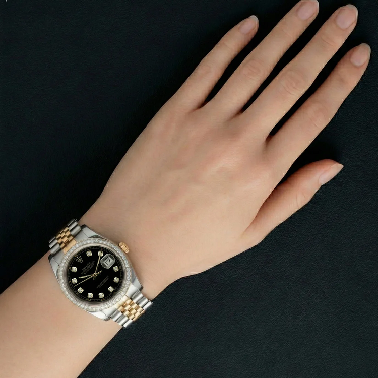 Rolex Datejust réglage rapide sans trous diamant lunette cadran noir acier inoxydable bracelet