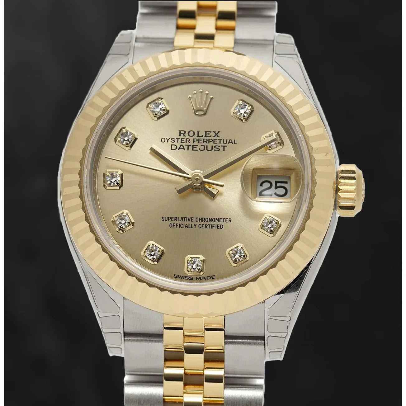 Rolex 279173 Datejust acier et lunette cannelée en or jaune 28 mm cadran diamant champagne