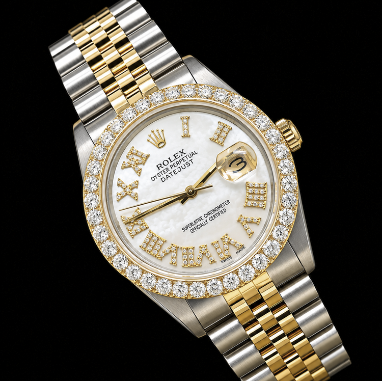 Montre Rolex Datejust 16013 36 mm Bicolore Cadran Diamants en Nacre Blanche Chiffres Romains