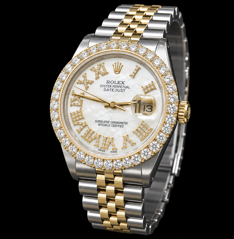 Rolex Datejust 16013 36 mm Montre Bicolore Cadran Diamants Chiffres Romains Nacre Blanche