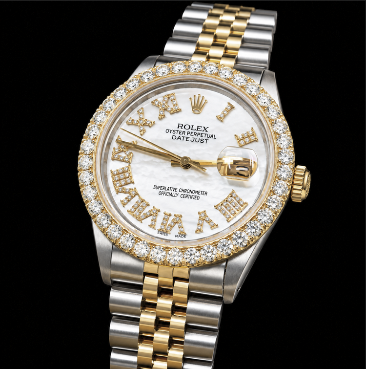 Rolex Datejust 16013 36 mm Montre Bicolore Cadran Diamants Chiffres Romains Nacre Blanche