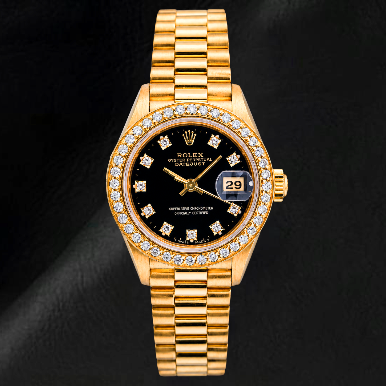 Rolex Datejust 26 mm 69178 Cadran Diamants Noir d'Origine Lunette Diamants Or Jaune