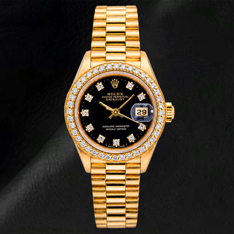 Rolex Datejust 26 mm 69178 Cadran Diamants Noir d'Origine Lunette Diamants Or Jaune