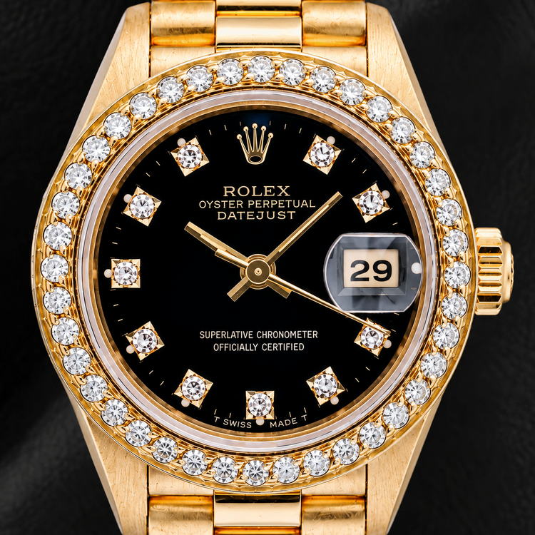 Rolex Datejust 26 mm 69178 Cadran Diamants Noir d'Origine Lunette Diamants Or Jaune