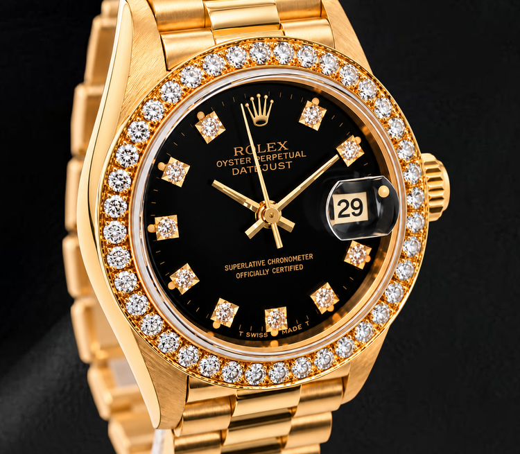 Rolex Datejust 26 mm 69178 Cadran Diamants Noir d'Origine Lunette Diamants Or Jaune