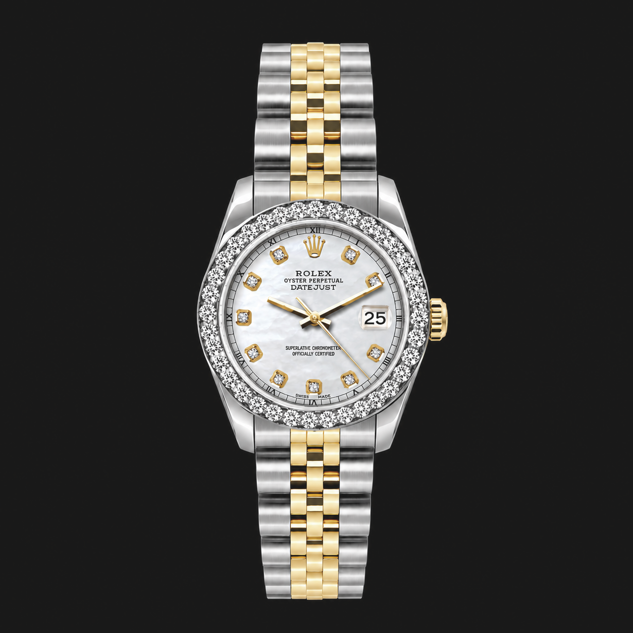 Montre Rolex Datejust 6917 Femme 26 mm Cadran Diamants Nacre Blanche Bicolore