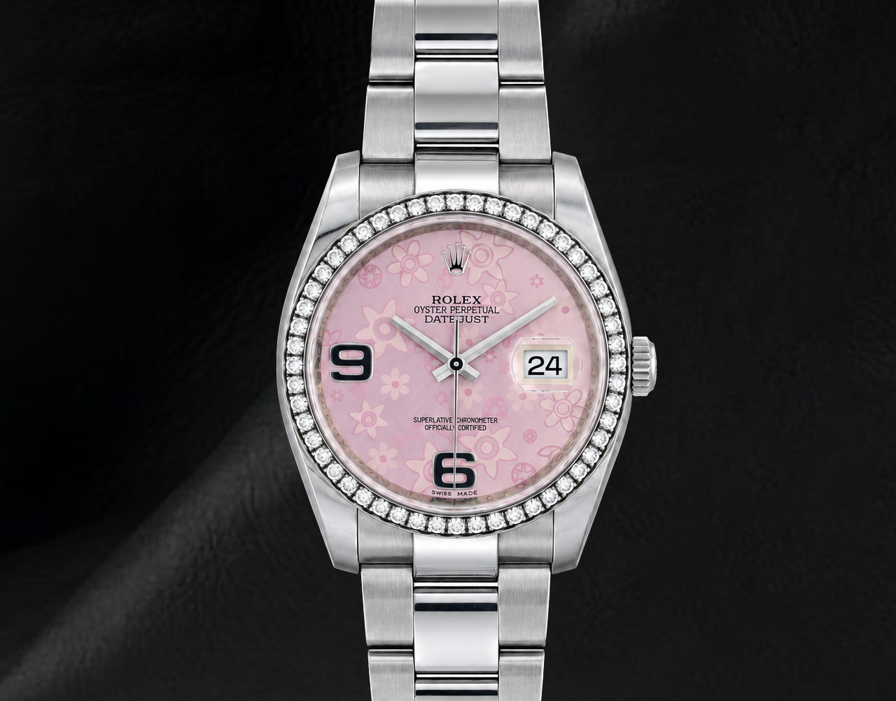 Montre Rolex Datejust 116200 36 mm en Acier Inoxydable avec Cadran Floral Rose à Chiffres Arabes et Diamants