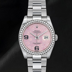 Montre Rolex Datejust 116200 36 mm en Acier Inoxydable avec Cadran Floral Rose à Chiffres Arabes et Diamants