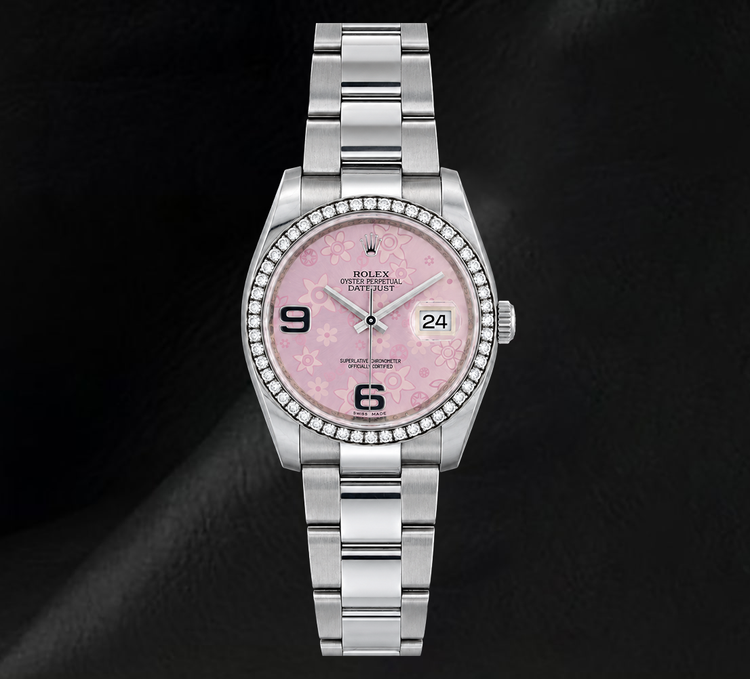 Montre Rolex Datejust 116200 36 mm en Acier Inoxydable avec Cadran Floral Rose à Chiffres Arabes et Diamants