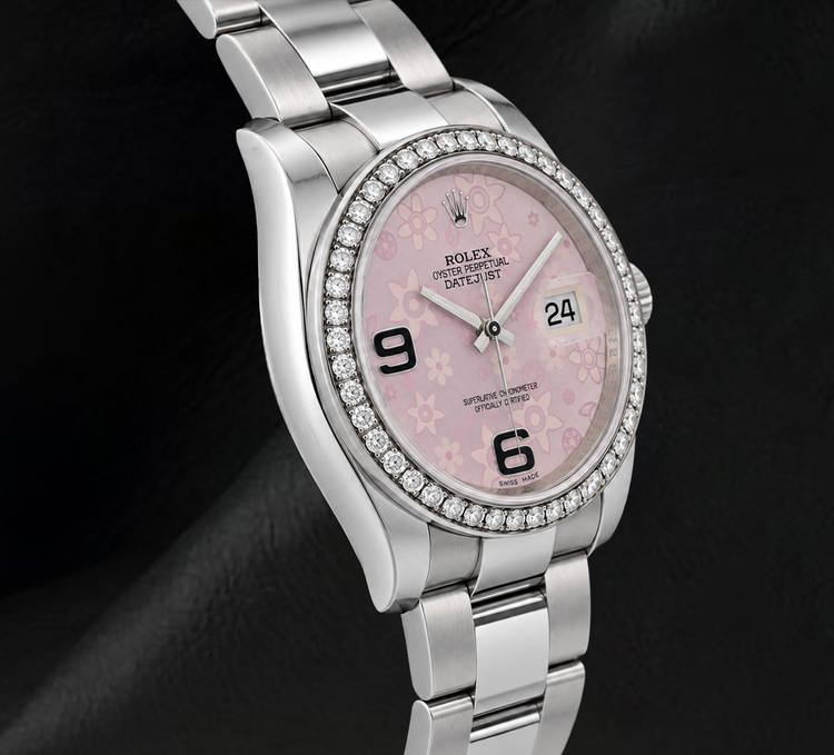 Montre Rolex 116200 Datejust 36 mm en Acier Inoxydable Cadran Floral Rose Chiffres Arabes et Diamants