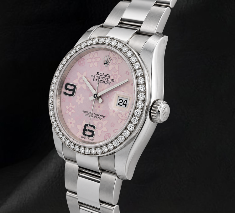 Montre Rolex 116200 Datejust 36 mm en Acier Inoxydable Cadran Floral Rose Chiffres Arabes et Diamants