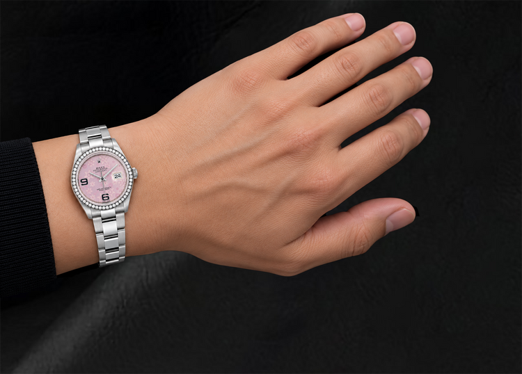 Montre Rolex Datejust 116200 36 mm en Acier Inoxydable avec Cadran Floral Rose à Chiffres Arabes et Diamants