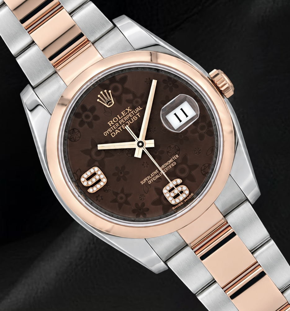 Montre Rolex 116201 Datejust 36 mm Bicolore Cadran Diamants Floral Marron Chiffres Arabes