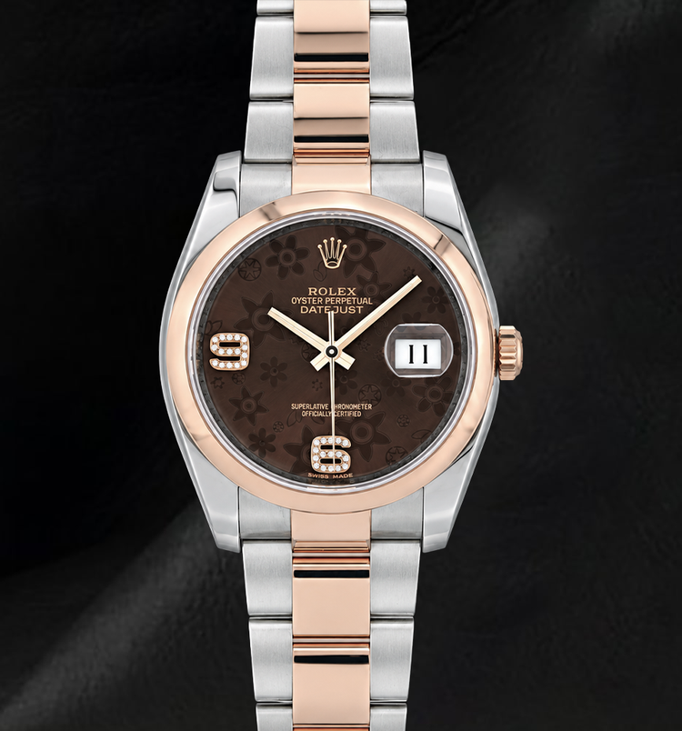 Rolex 116201 Datejust 36 mm Montre Bicolore Cadran Diamants Floral Marron Chiffres Arabes