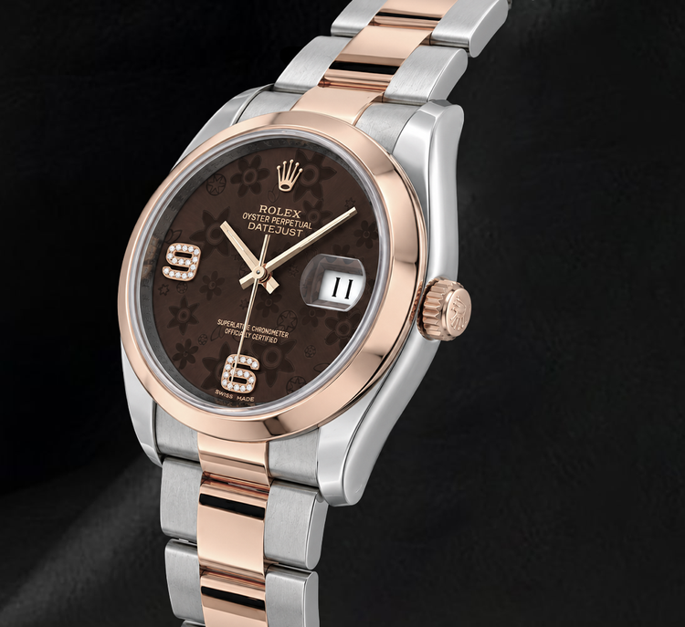 Rolex 116201 Datejust 36 mm Montre Bicolore Cadran Diamants Floral Marron Chiffres Arabes