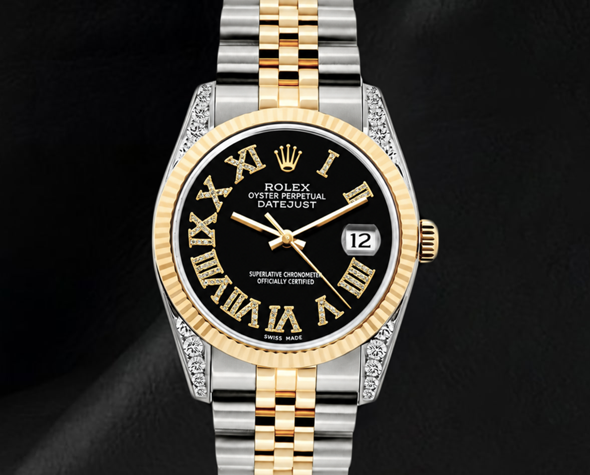 Montre Rolex 16013 Datejust 36 mm Bicolore Cadran Diamants Noir Chiffres Romains
