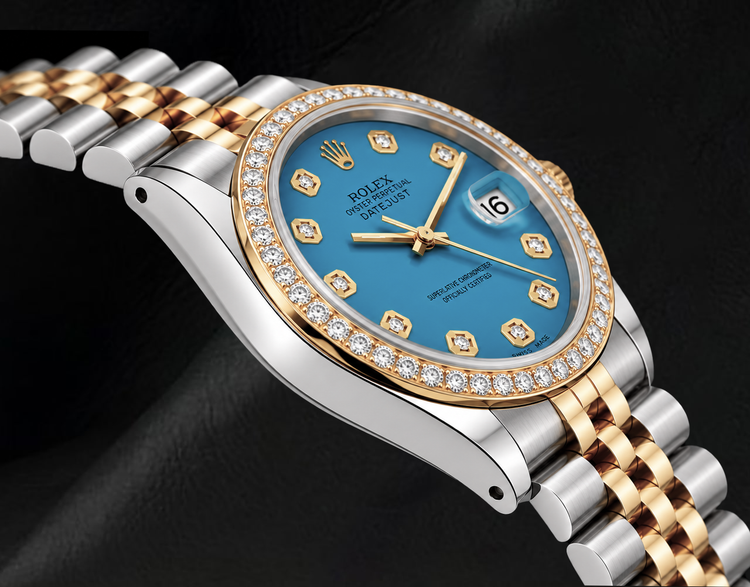 Montre Rolex 16013 Datejust 36 mm Bicolore Cadran Diamants Bleu