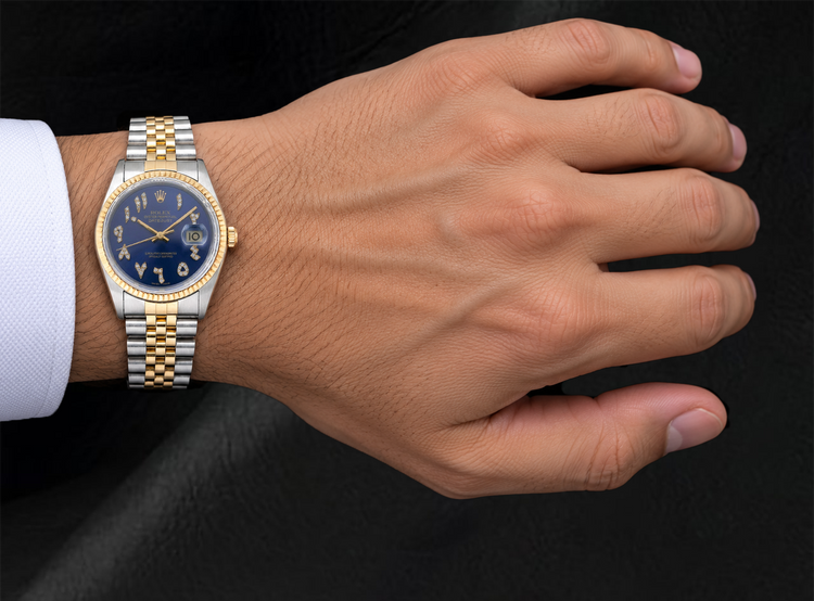 Montre Rolex Datejust 16013 36 mm Bicolore Cadran Diamants Bleu Chiffres Arabes Orientaux