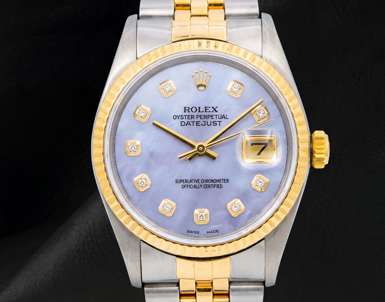 Montre Rolex 16013 Datejust 36 mm Bicolore Cadran Diamants Nacre Bleue