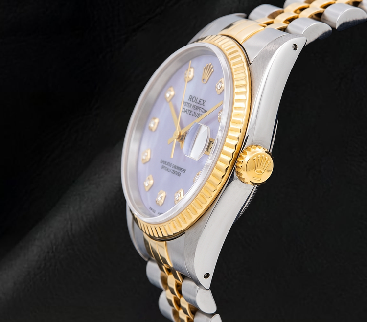 Montre Rolex 16013 Datejust 36 mm Bicolore Cadran Diamants Nacre Bleue