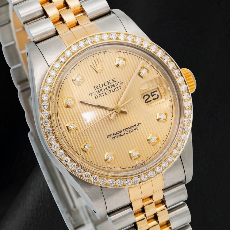 Montre Rolex 16013 Datejust 36 mm Bicolore Cadran Diamants Tapisserie Champagne