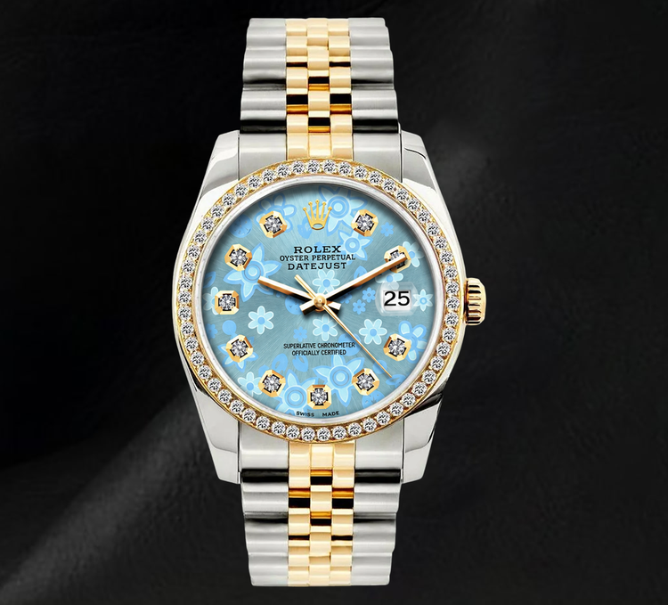 Montre Rolex 16013 Datejust 36 mm Bicolore Cadran Diamants Bleu Glacier Floral