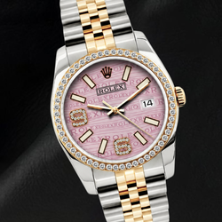 Montre Rolex Datejust 16013 36 mm Lunette Diamants Cadran Diamants Rose à Motif Vagues Chiffres Arabes