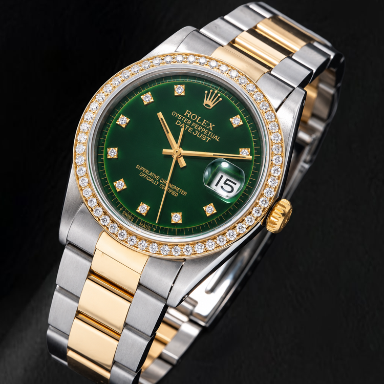 Rolex 1601 Datejust 36 mm Montre Bicolore Cadran Diamants Vert