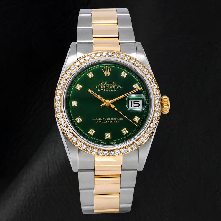 Montre Rolex 1601 Datejust 36 mm Bicolore Cadran Diamants Vert