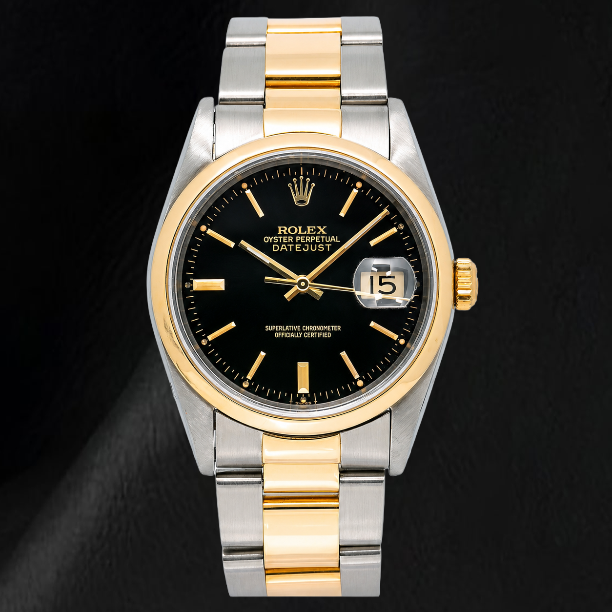 Montre Rolex 16203 Datejust 36 mm Bicolore Cadran Noir à Index Bâtons Bracelet Oyster