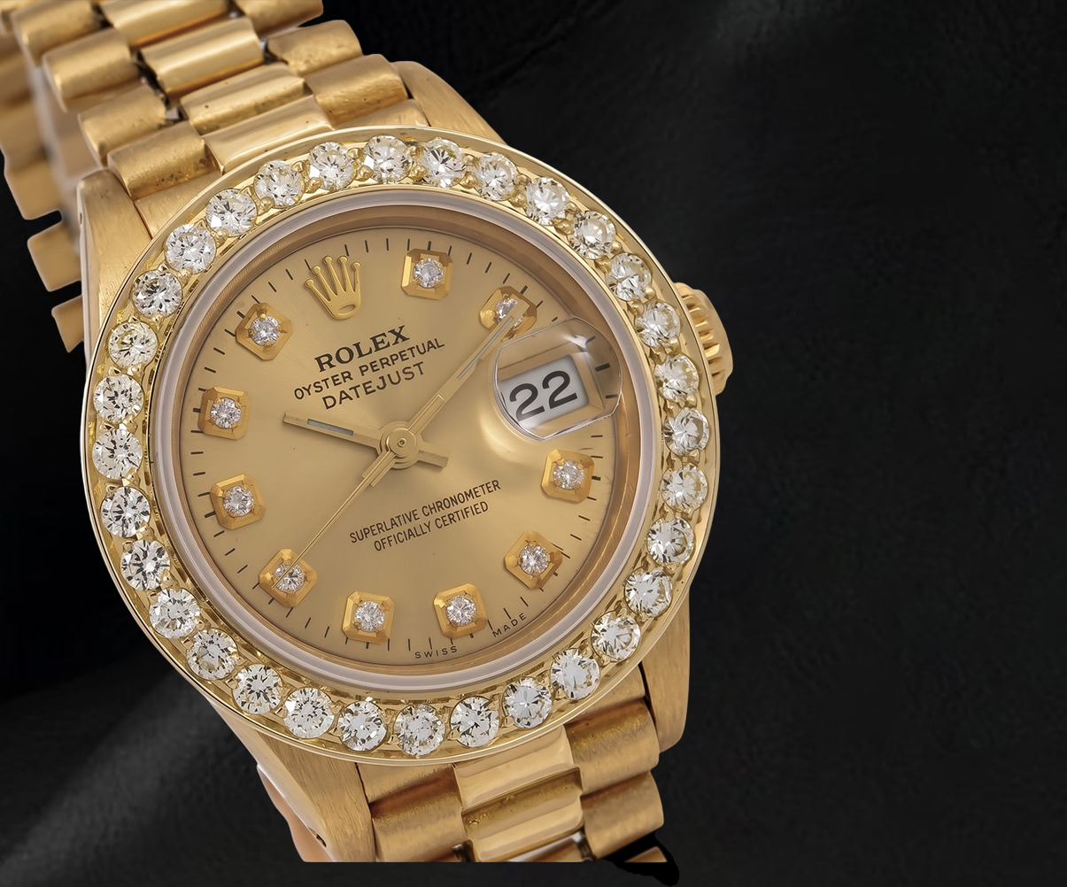 Montre Rolex 26 mm 6917 en Or Jaune 18K Cadran Diamants Champagne President