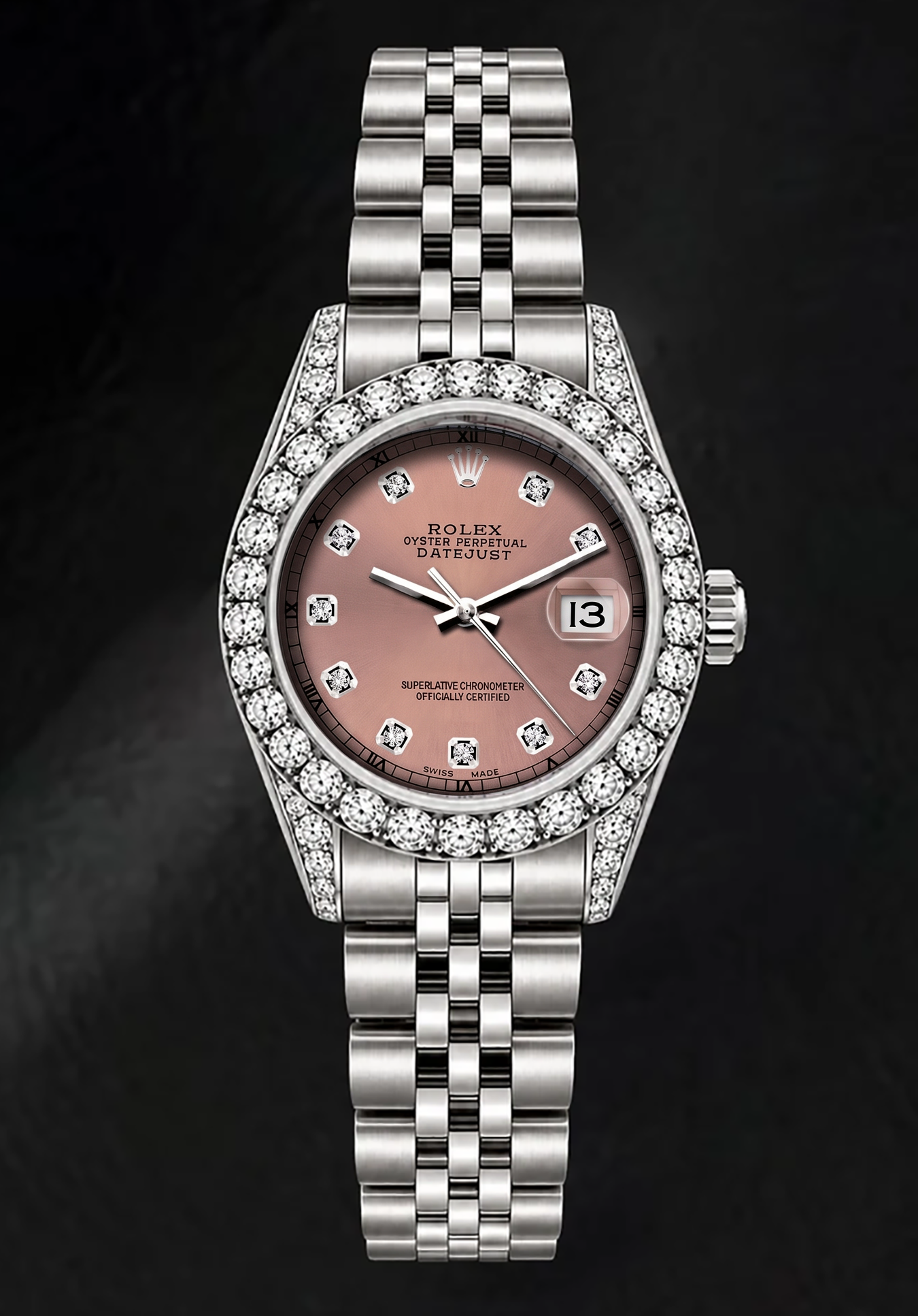Montre Rolex Datejust 26 mm 6916 Cadran Diamants Saumon Lunette Diamants Acier Inoxydable