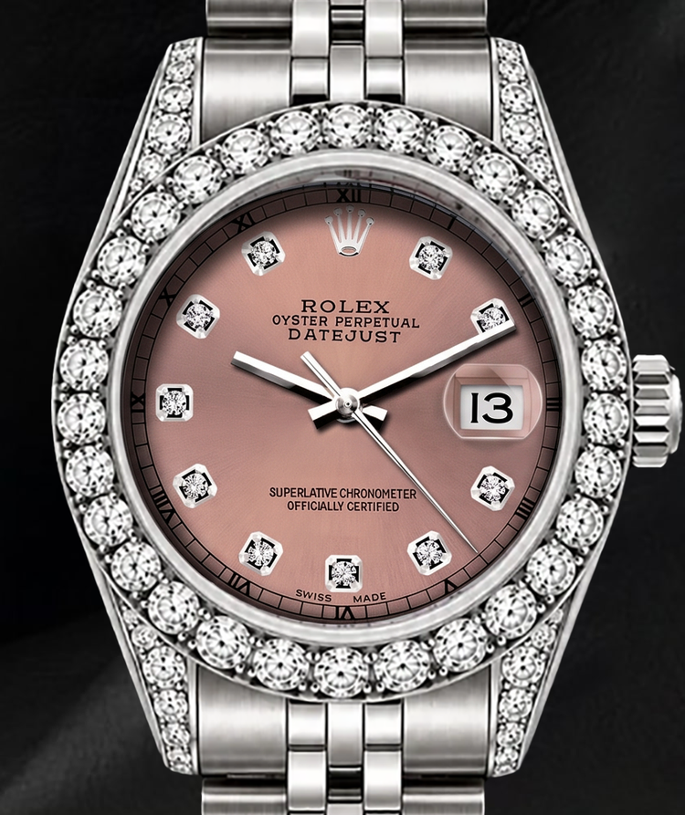 Montre Rolex Datejust 26 mm 6916 Cadran Diamants Saumon Lunette Diamants Acier Inoxydable