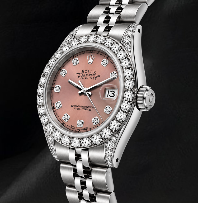 Montre Rolex Datejust 26 mm 6916 Cadran Diamants Saumon Lunette Diamants Acier Inoxydable