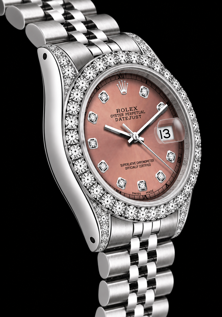 Montre Rolex Datejust 26 mm 6916 Cadran Diamants Saumon Lunette Diamants Acier Inoxydable