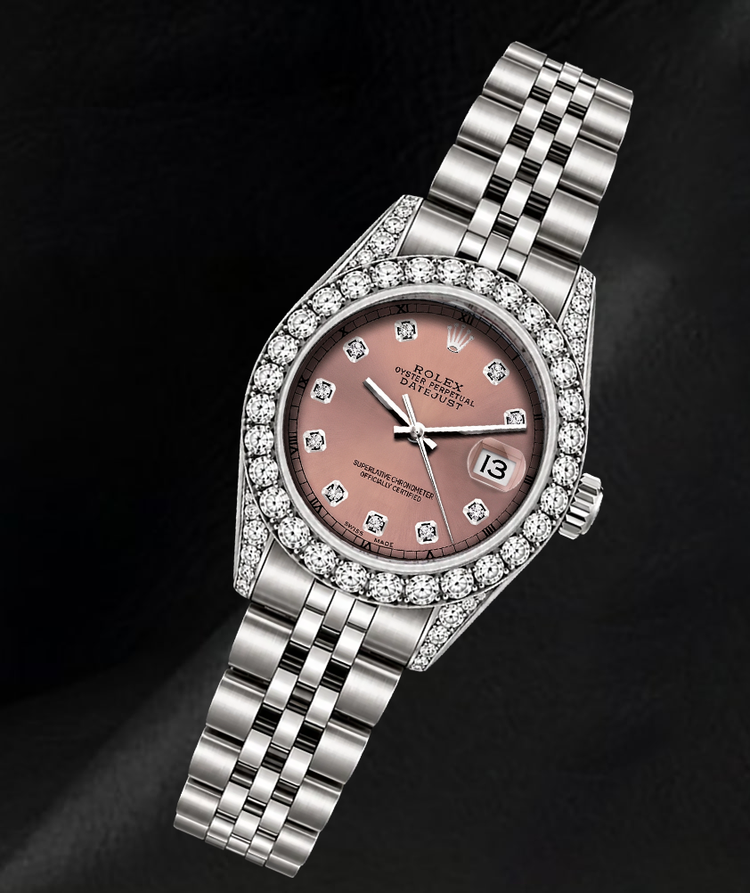 Montre Rolex Datejust 26 mm 6916 Cadran Diamants Saumon Lunette Diamants Acier Inoxydable