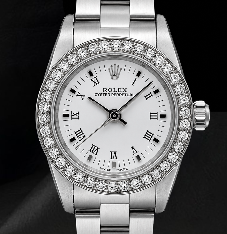 Montre Rolex Oyster Perpetual 26 mm 67193 Cadran Blanc à Chiffres Romains Acier Inoxydable