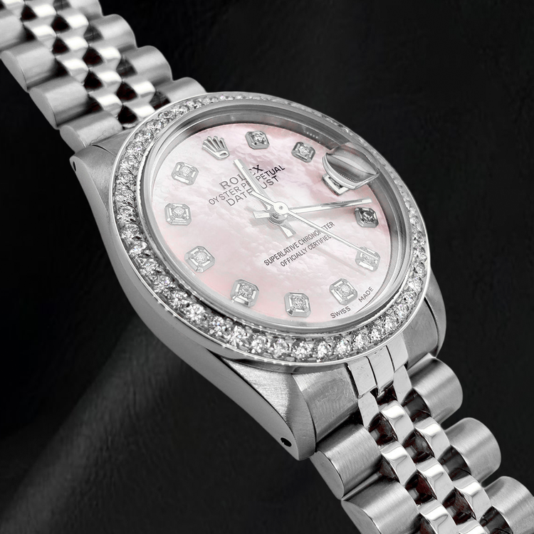 Montre Rolex 31 mm en Acier Inoxydable Cadran Diamants Nacre Rose