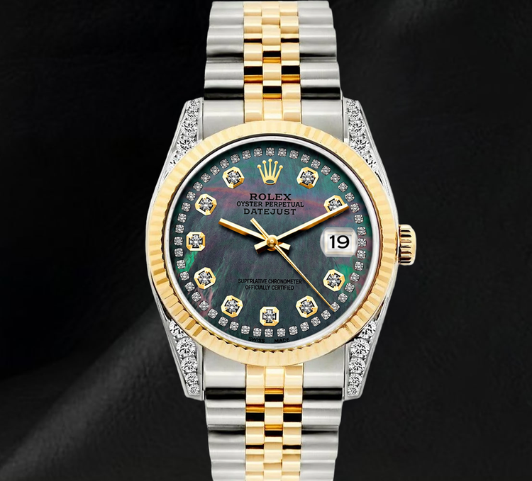 Montre Rolex Datejust 36 mm 16013 Bicolore Cadran Diamants en Nacre Noire Lunette Cannelée