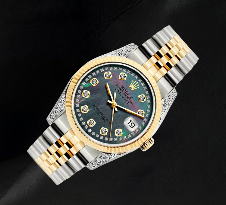 Montre Rolex Datejust 36 mm 16013 Bicolore Cadran Diamants en Nacre Noire Lunette Cannelée