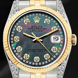 Montre Rolex Datejust 36 mm 16013 Bicolore Cadran Diamants en Nacre Noire Lunette Cannelée