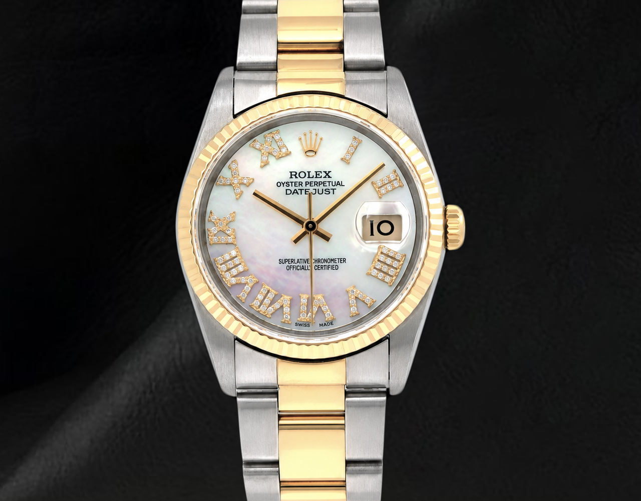 Montre Rolex Datejust 36 mm 16013 Bicolore Cadran Diamants en Nacre Blanche et Chiffres Romains
