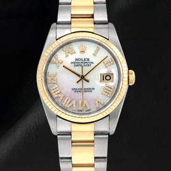 Montre Rolex Datejust 36 mm 16013 Bicolore Cadran Diamants en Nacre Blanche et Chiffres Romains